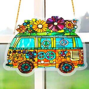 Suncatcher Hippie Van Peace Sign Flowers Hanging Window Colorful Decor in/out